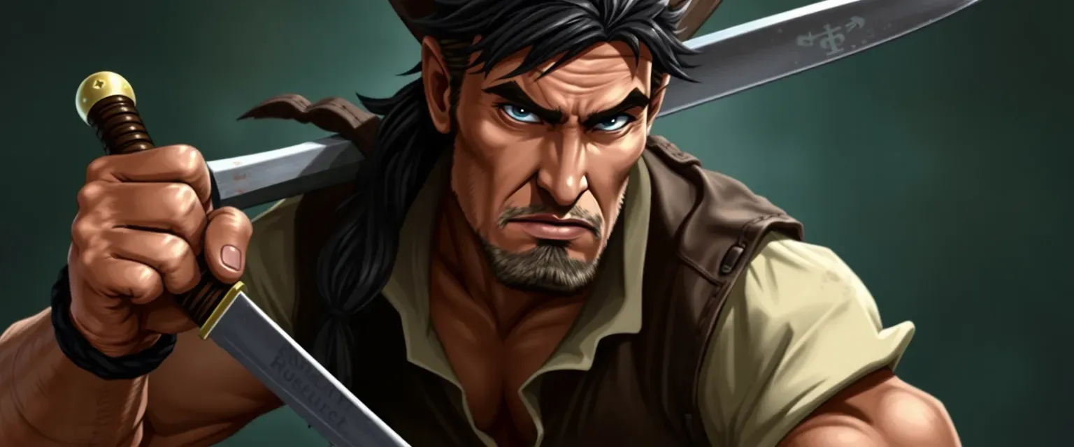 Muscular pirate with weathered skin, black hair, grey eyes, wearing a leather vest, wielding a cutlass.