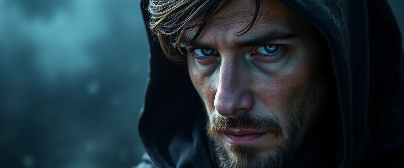 Mid-thirties man with stormy eyes, dark cloaks, and a soft humming aura, reflecting his power and inner turmoil.