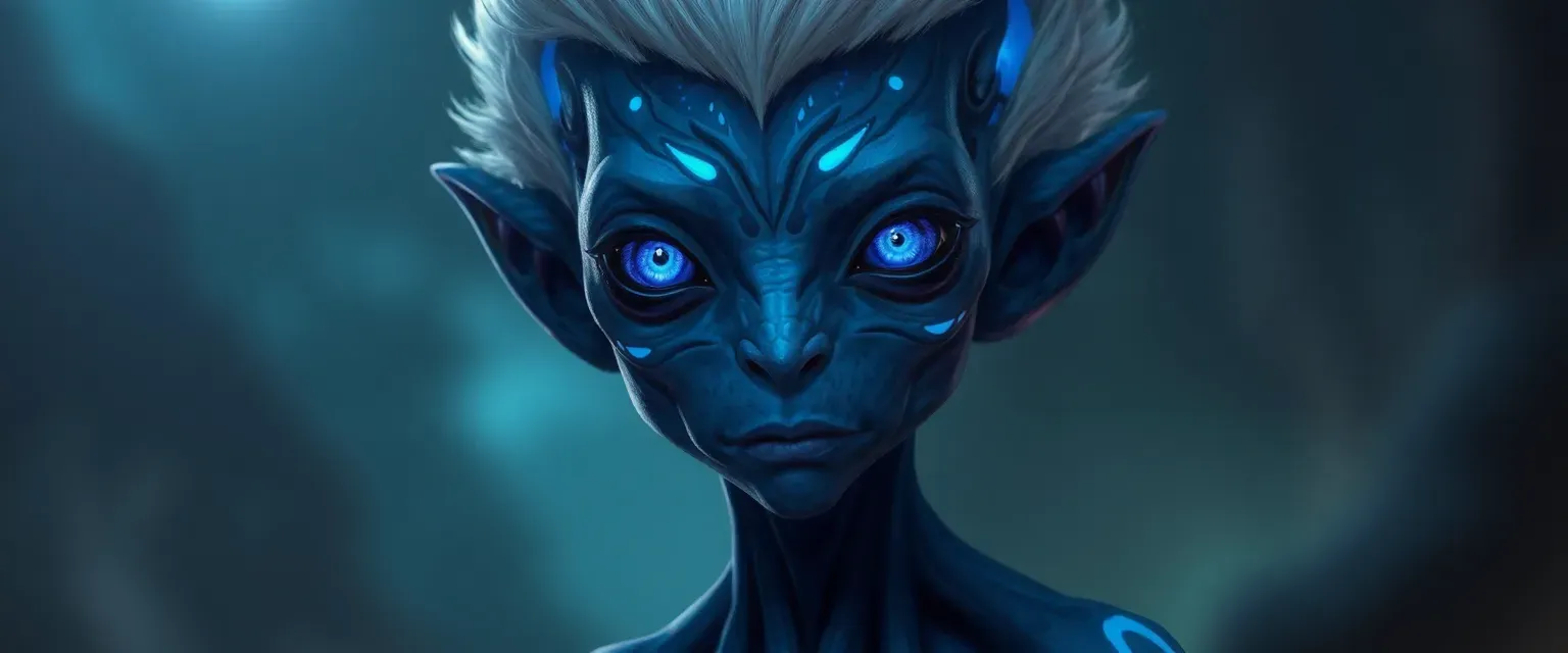 Tall alien with indigo skin, bioluminescent patterns, violet eyes, and short white hair.