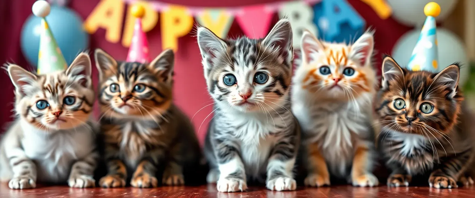 Gray kitten with white markings, green eyes, surrounded by five unique cats at a birthday party.