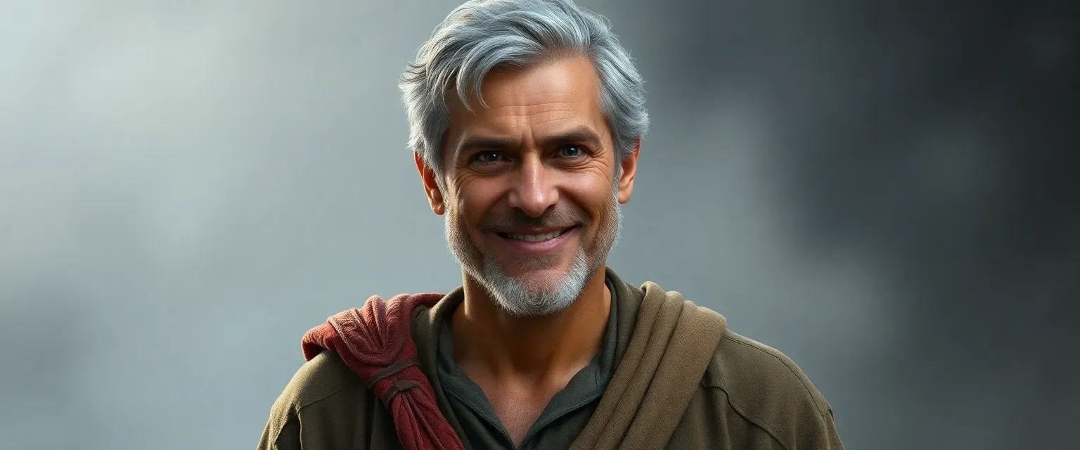 38-year-old man, lean, graying hair, simple clothes, warm smile, weary eyes.