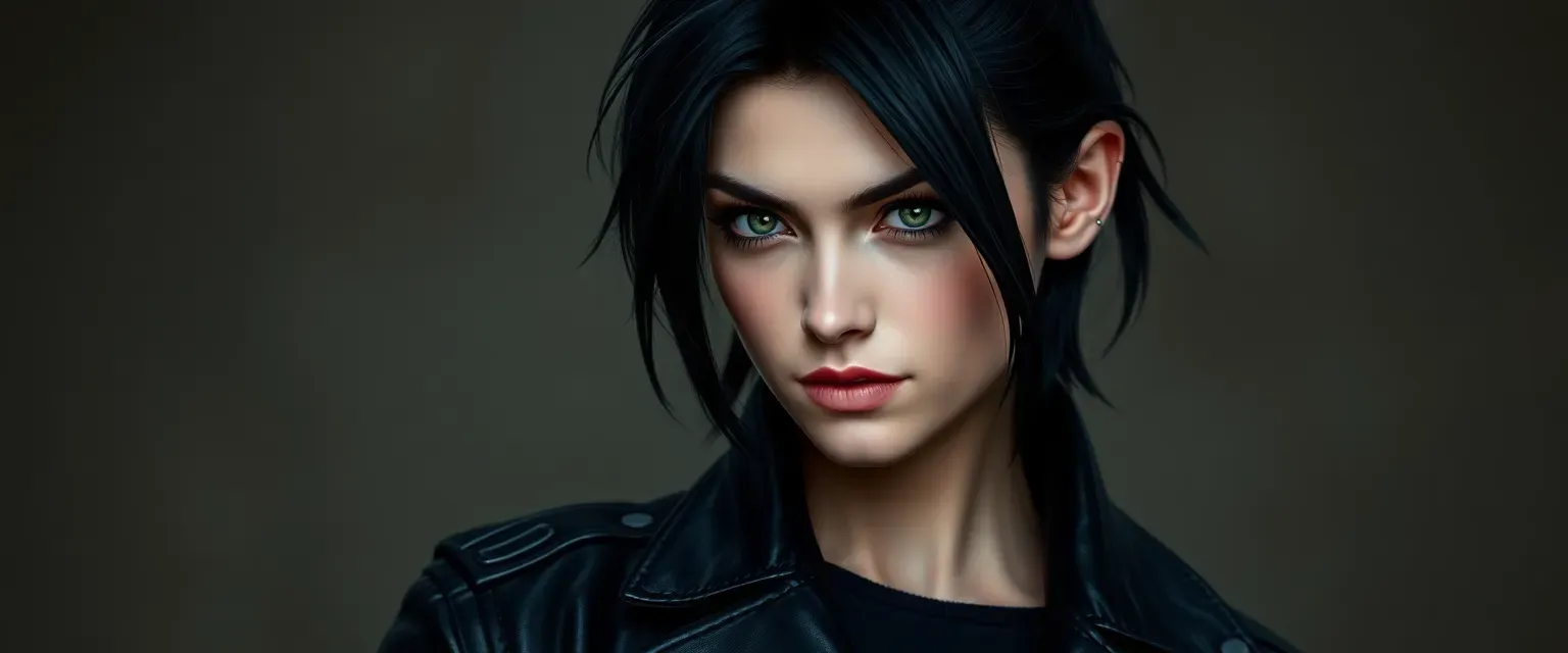 Early 20s, black hair, green eyes, black leather jacket, combat boots, sharp features, confident smirk.