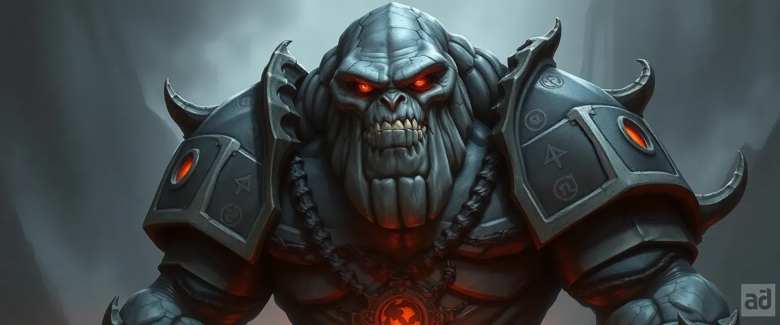 Tall stone giant with gray skin, orange eyes, bone armor, and symbols of chaos etched on skin.