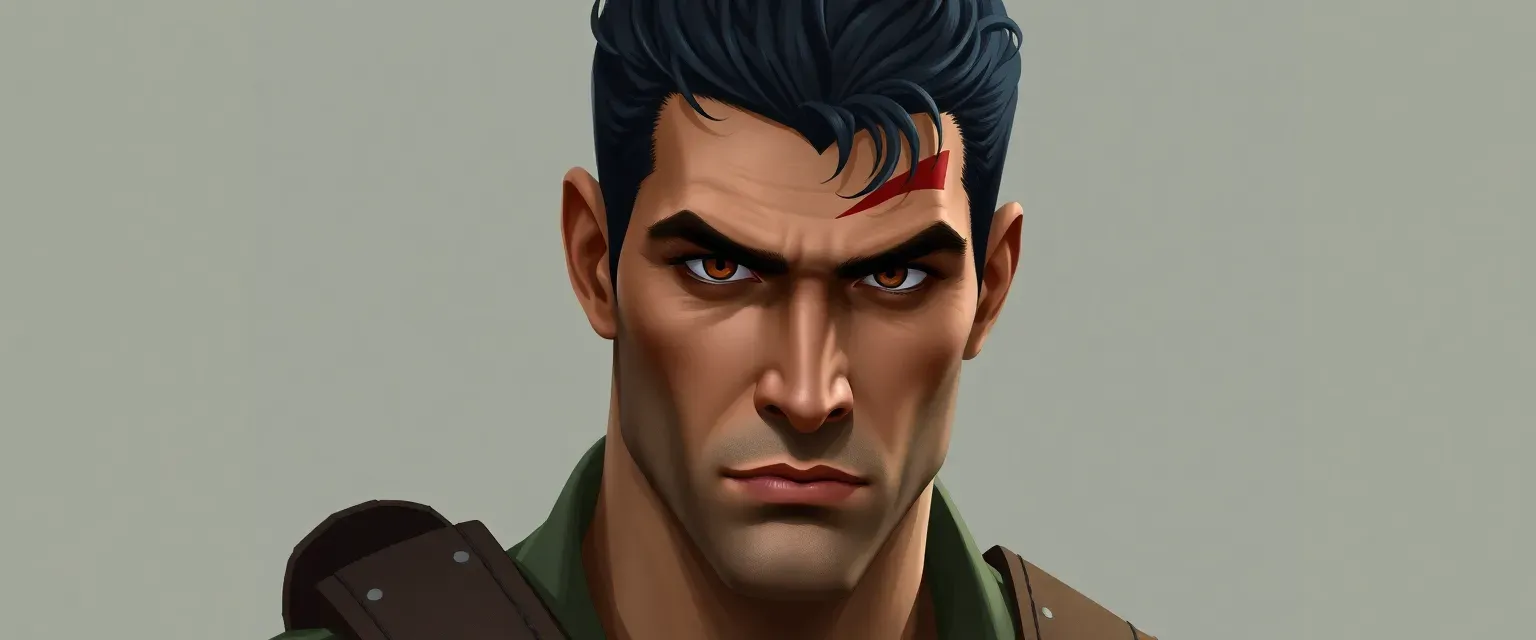 30-year-old muscular man, 2m tall, black hair, sharp nose, penetrating eyes, scar on left eyebrow, in military uniform.