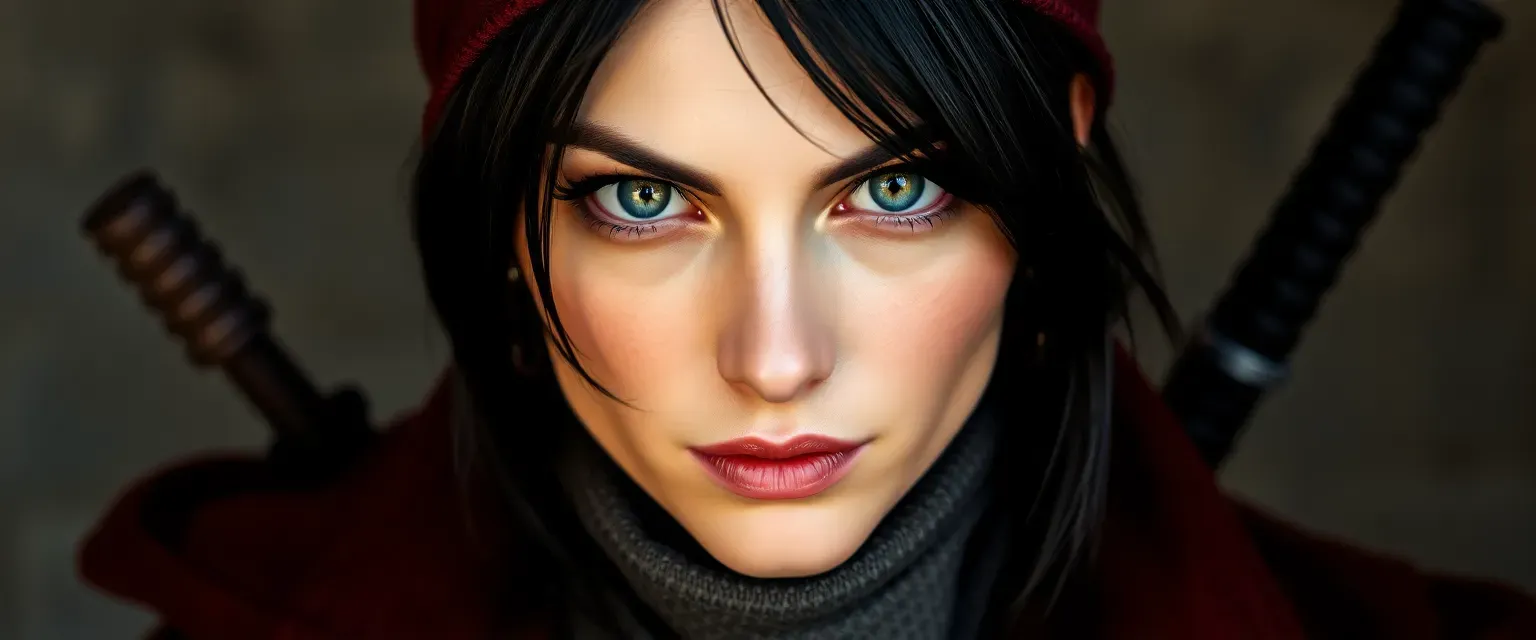 A woman in her early 30s with a piercing gaze, dark hair, and a determined expression, dressed in practical yet stylish thief attire.