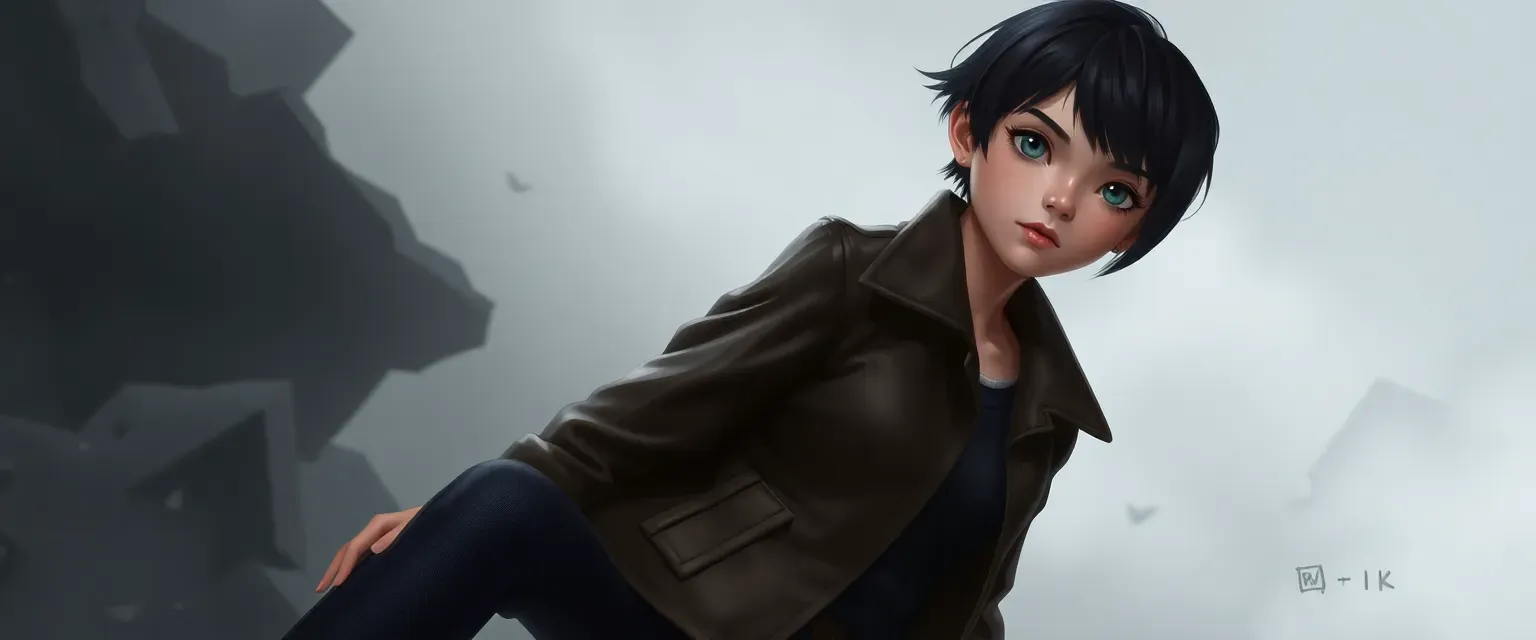 Seventeen-year-old girl with short black hair, pale skin, gray eyes, wearing a large leather jacket and dark pants.