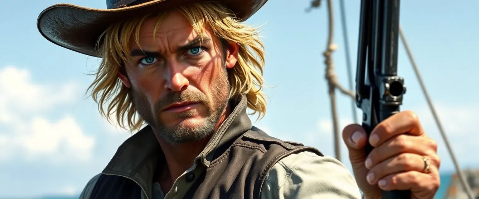 Rugged sea-faring cowboy, sun-bleached hair, deep blue eyes, leather vest, revolver on hip.