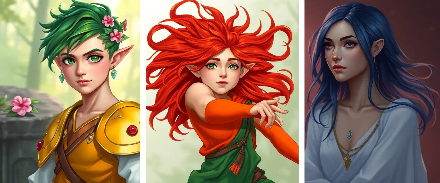 Young Eladrin with green hair and floral adornments, wearing silk forest attire. Stoic warrior in gold and yellow armor, fiery hair. Playful figure in orange and red, wild hair. Serene in blue and white, contemplative gaze.