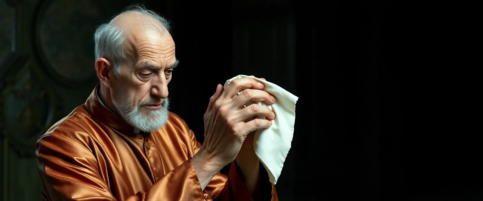 A sixty-year-old man with a frail physique, dressed in fine silk, always wiping his hands, symbolizing his obsession with cleanliness.