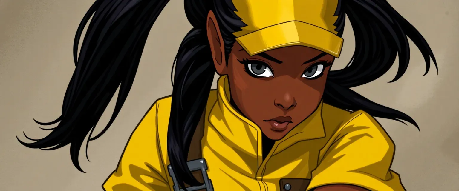 Olive brown skin, raven black hair in ponytail, tall, scar from lip to right eye, grey eyes, Yellow Ranger uniform.