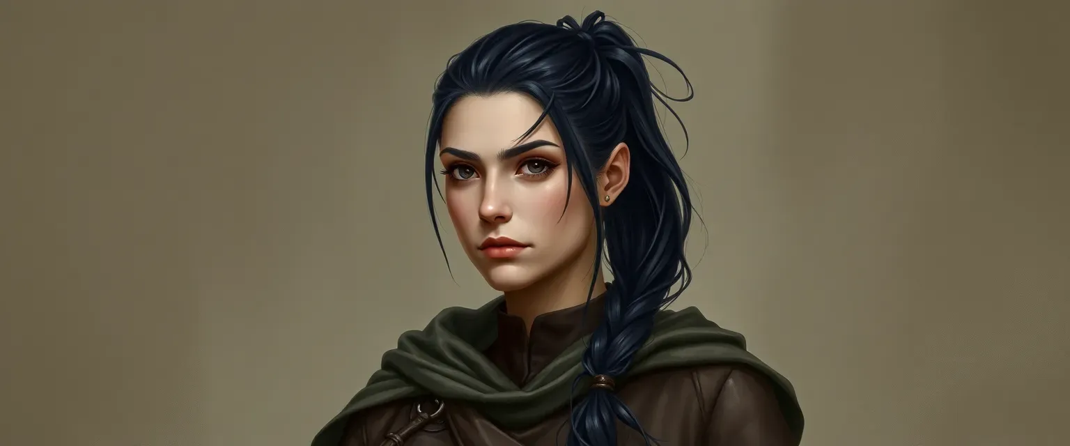 22-year-old fallen aasimar sorcerer, black ponytail, long scar over right eye, empathetic, chronic liar, wearing a worn leather tunic and a light-absorbing cloak.