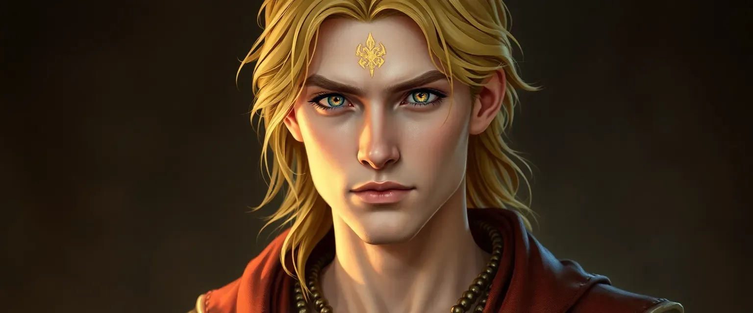 Young man with golden hair, shining grey eyes, fair skin, and golden body marks, dressed as a sage.