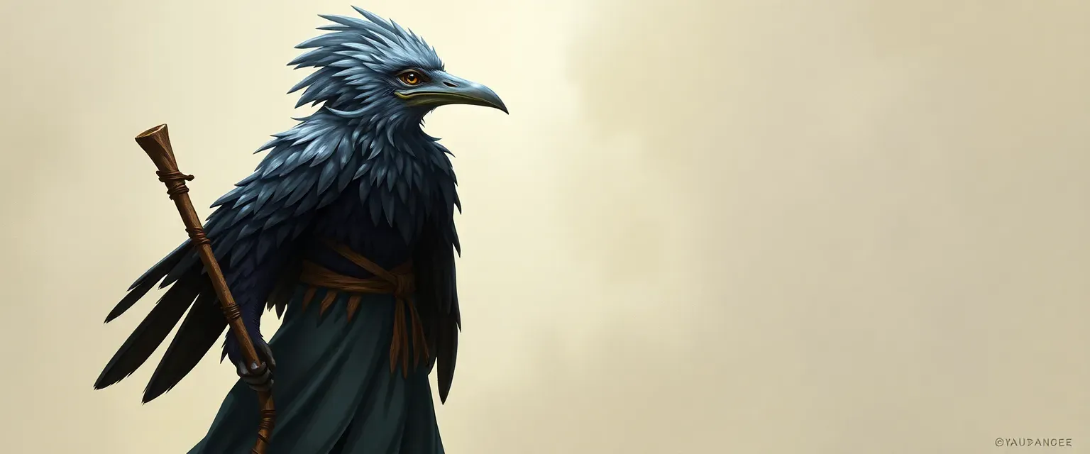 Tall birdfolk with gray and black feathers, wearing a flowing robe and carrying a wooden staff.