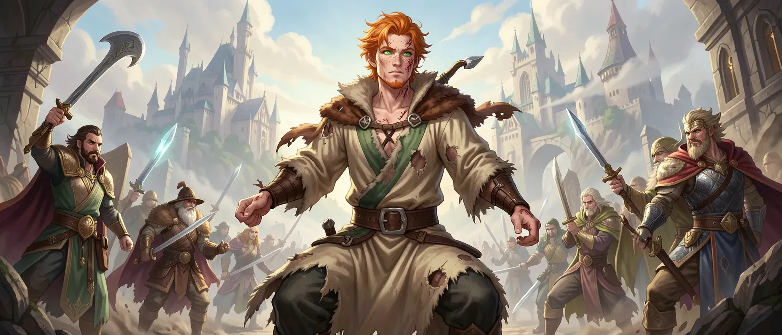A 28-year-old ginger-haired mage prince with emerald eyes, freckled face, and scarred jaw; wears threadbare silken robes patched with wool, standing tall yet ragged in a fantasy realm.