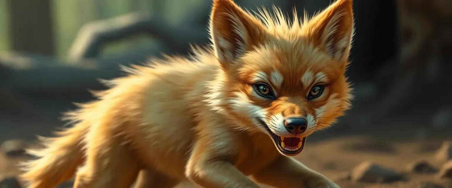 A small 2-year-old female wolf with golden fur, one blind eye with a scar, fierce and energetic.