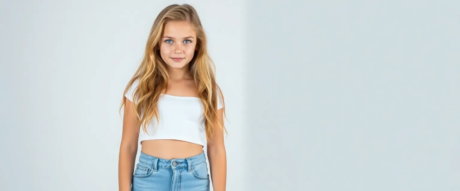 A 17-year-old girl with golden blonde hair and crystal blue eyes; wears a white crop top with light blue jeans and brown boots.