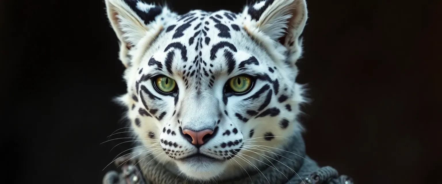 20-year-old female Snow leopard Tabaxi with white and gray fur, black rosettes, and piercing green eyes, dressed in rogue attire.