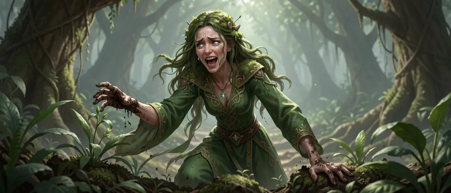 Slender woman with mossy hair and vine-embroidered green gowns, soil-stained hands, forest-pool eyes, tending plants with sudden laughter or tears.