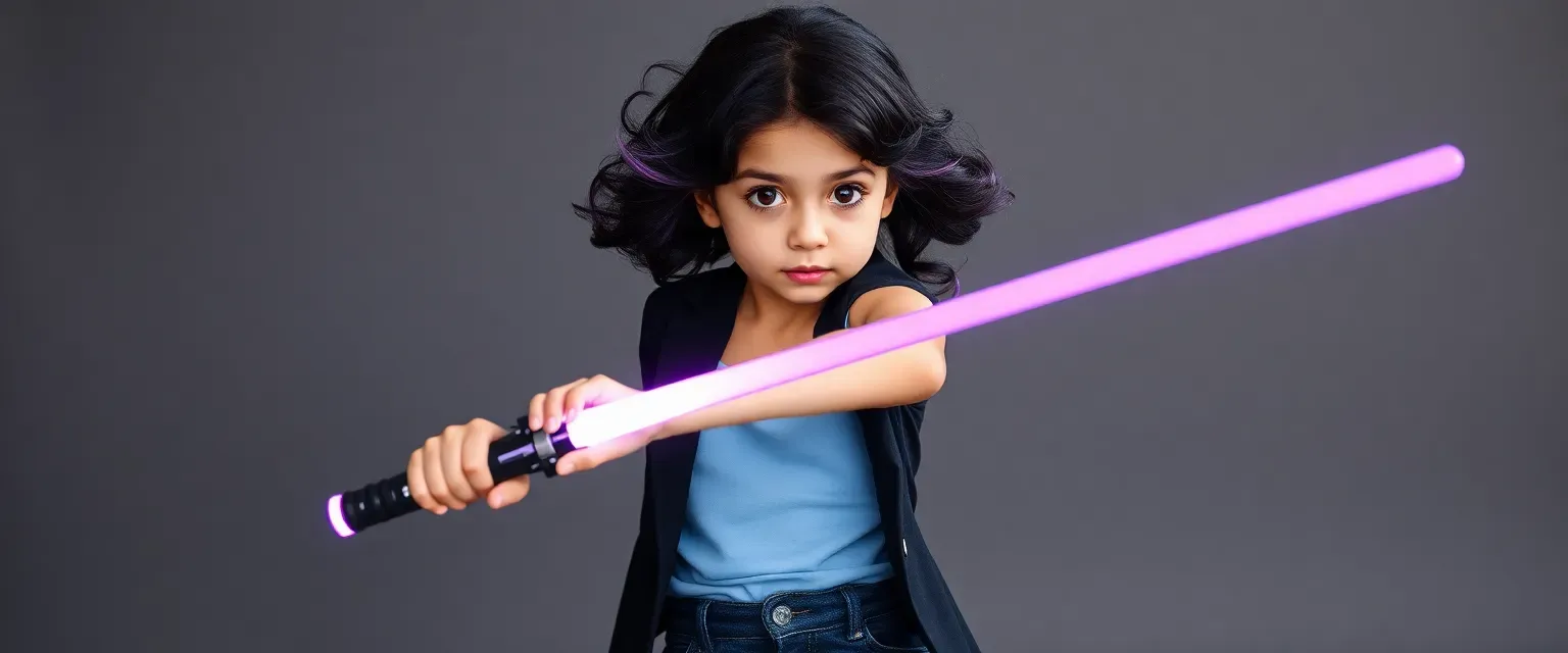 10-year-old girl with black wavy hair and lavender highlights, wearing a black blazer, light blue tank top, black jeans, and wielding a black and lavender energy sword.