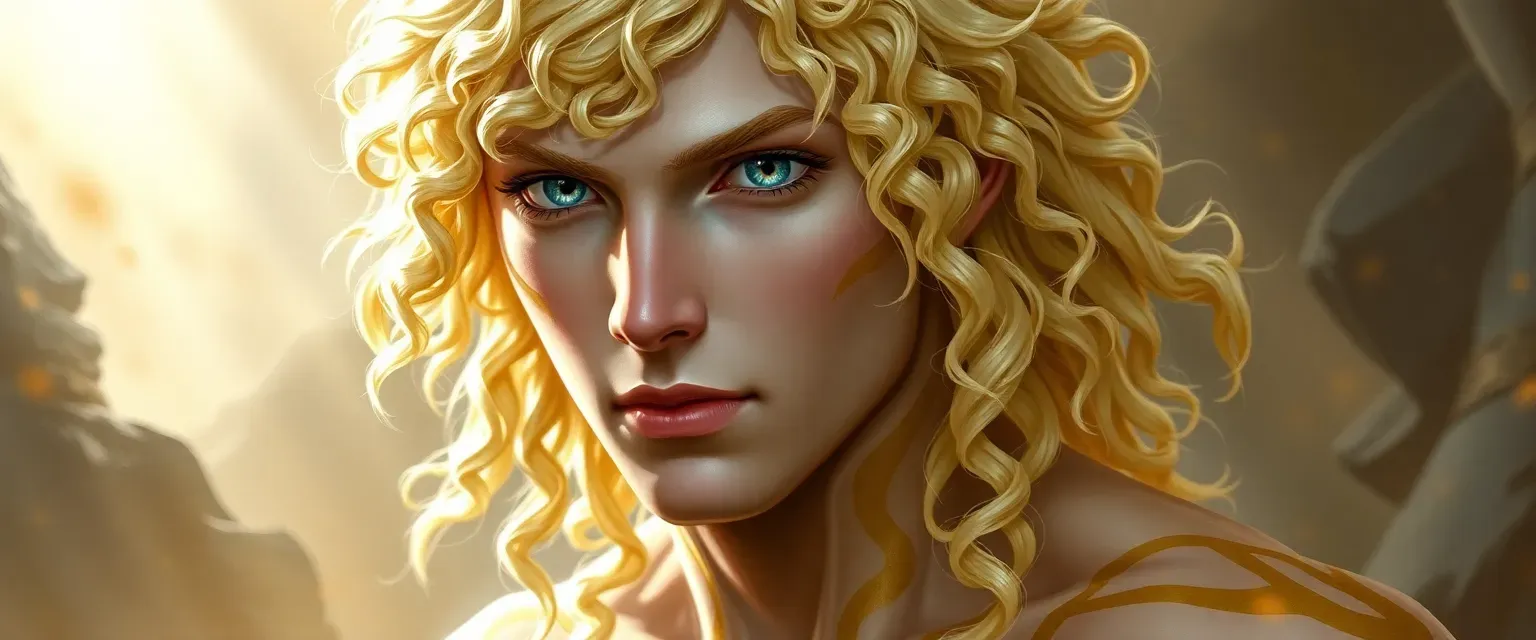 Aasimar man, pale curly yellow hair, pale skin, shining grey eyes, golden body markings.