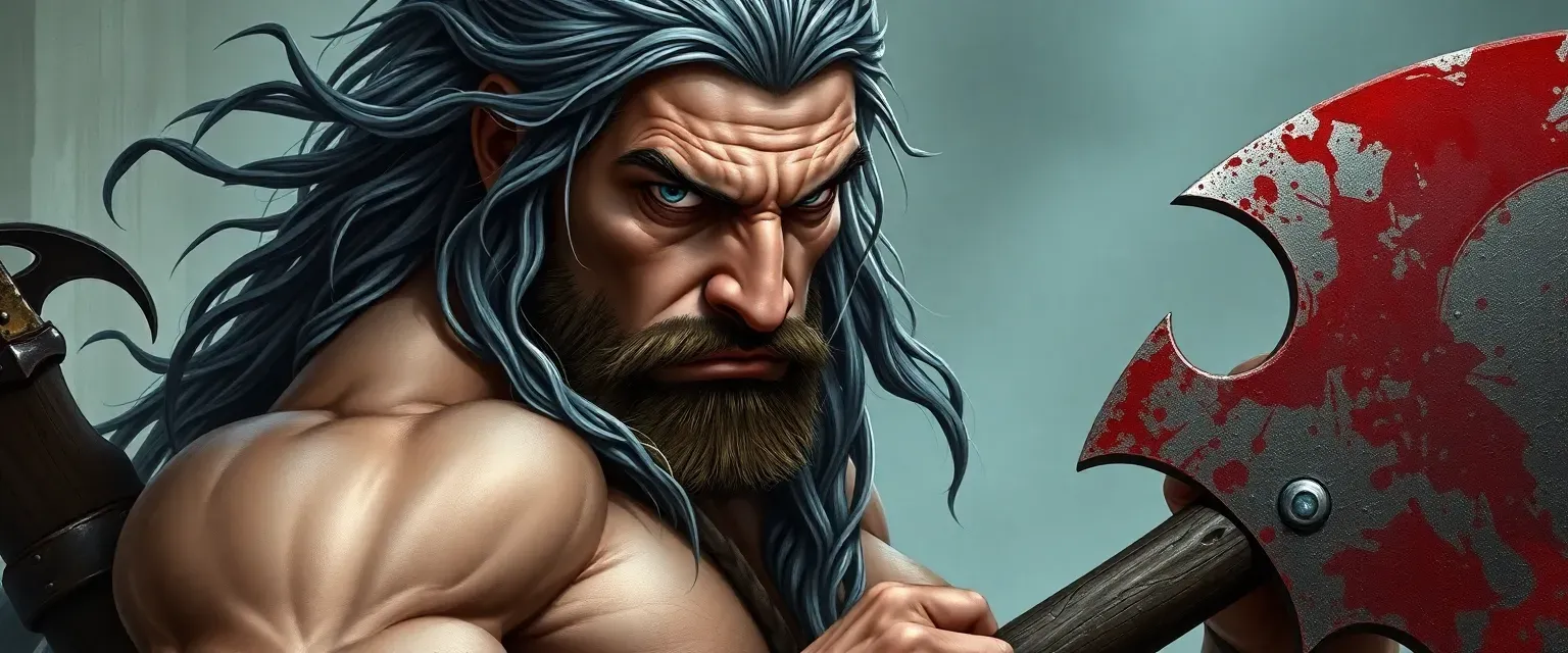 40-year-old muscular human barbarian with long, gray-streaked hair and piercing blue eyes, wielding a blood-stained great axe.