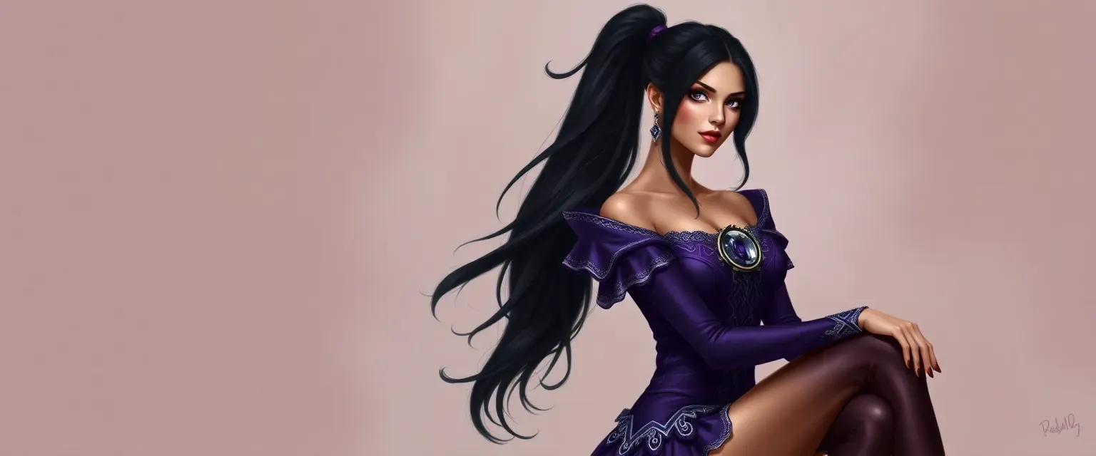 Elegant woman with long black hair in a ponytail, purple eyes, ornate purple outfit with silver trim, thigh-high boots, moon hair decoration.