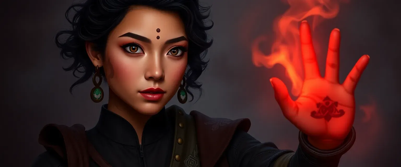 24-year-old mixed race woman, 5'4", curly chest-length hair, brown eyes with Chinese features, small brown birthmark on forehead, black beauty mark on right cheek, fire powers activated by hand tattoo.