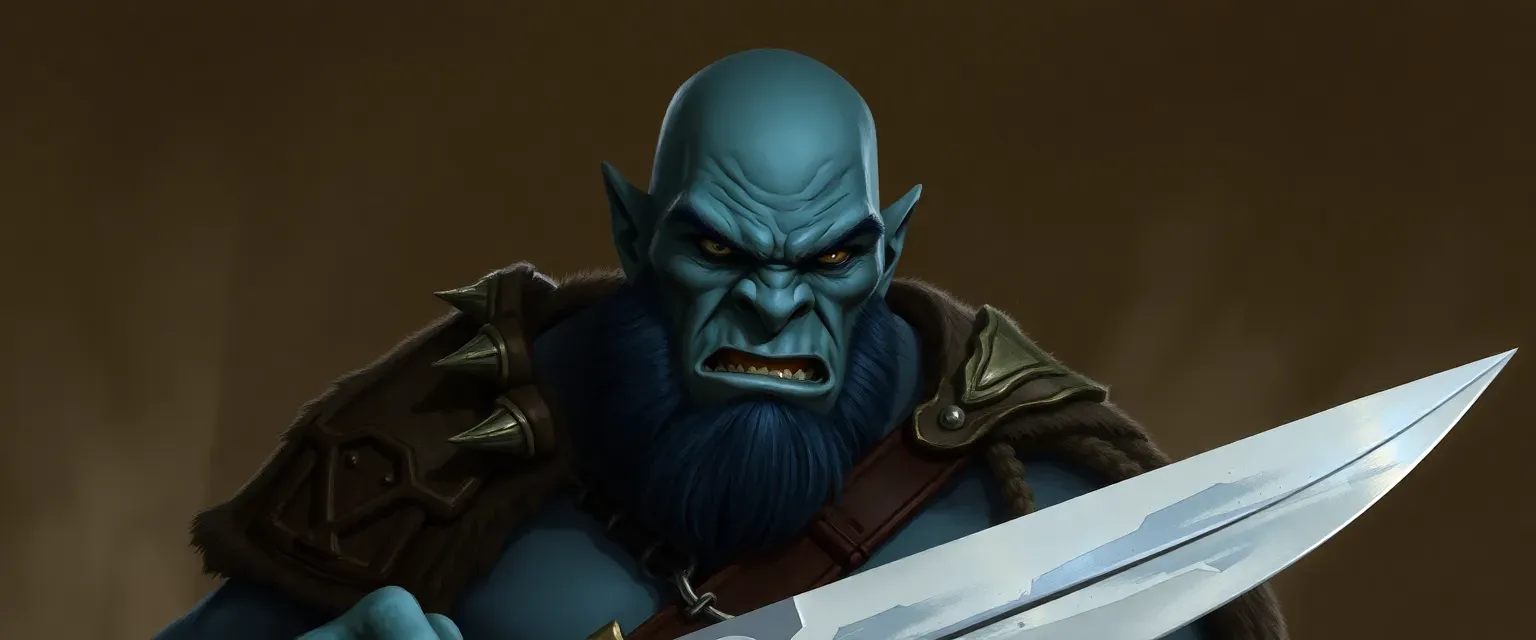 Bald, blue-skinned Half Orc Barbarian, 6'6", 200 lbs, grey eyes, 24 years old.
