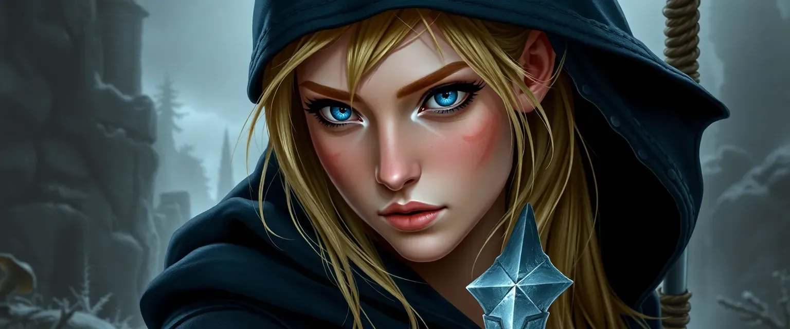 23-year-old high elf rogue, honey blonde hair, fair skin with smudges, ocean blue eyes, 5'11", 130 lbs, dark leather attire, midnight cloak.