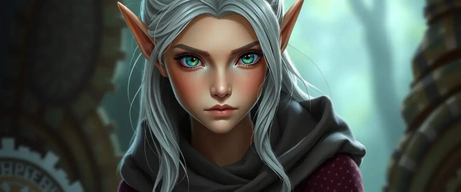 15-year-old elf girl with silver hair, emerald eyes, and a lithe frame, dressed in practical yet elegant attire.