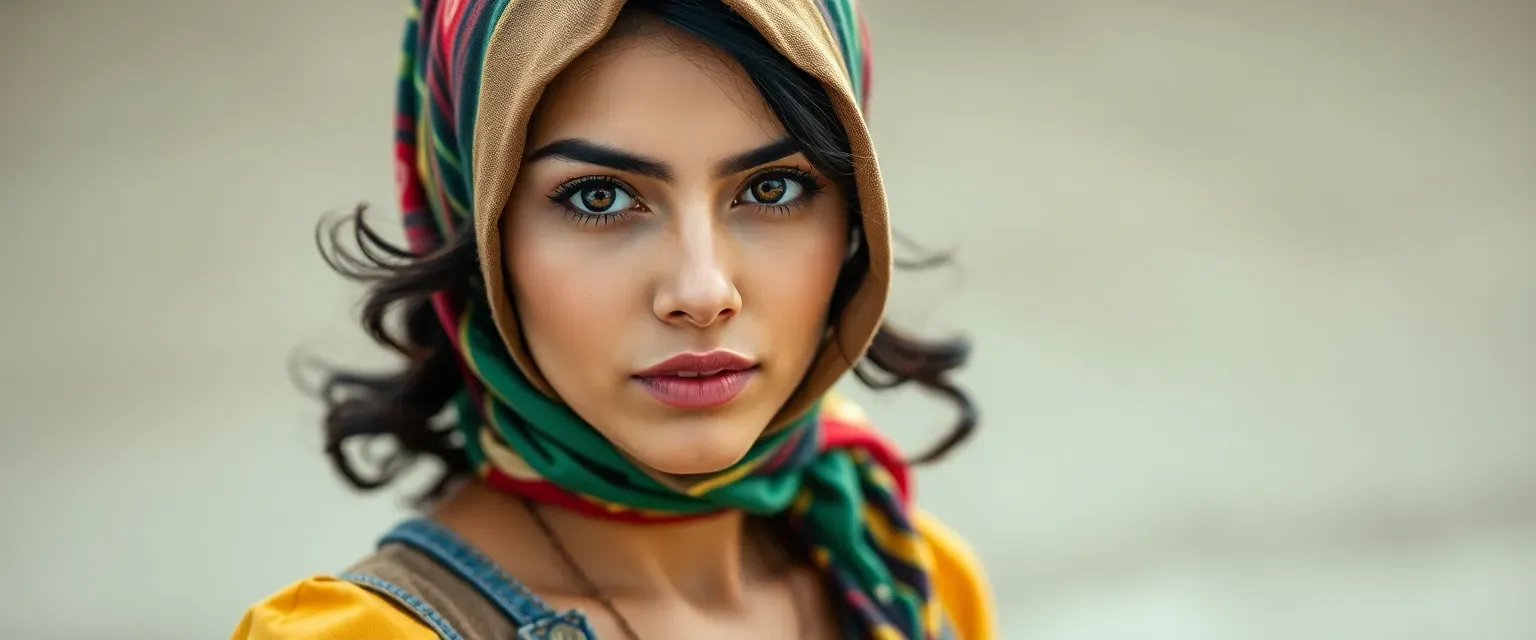Young woman with olive skin, hazel eyes, dark wavy hair, wearing a colorful hijab with jeans and blouse.