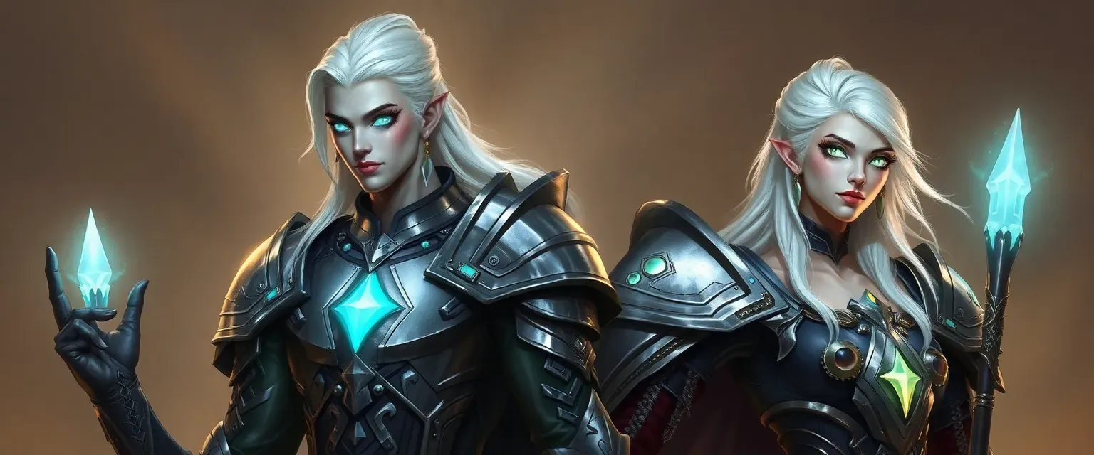 Tall Aasimar with silver hair and glowing eyes, clad in shining armor for Shen, agile armor for Sylas.