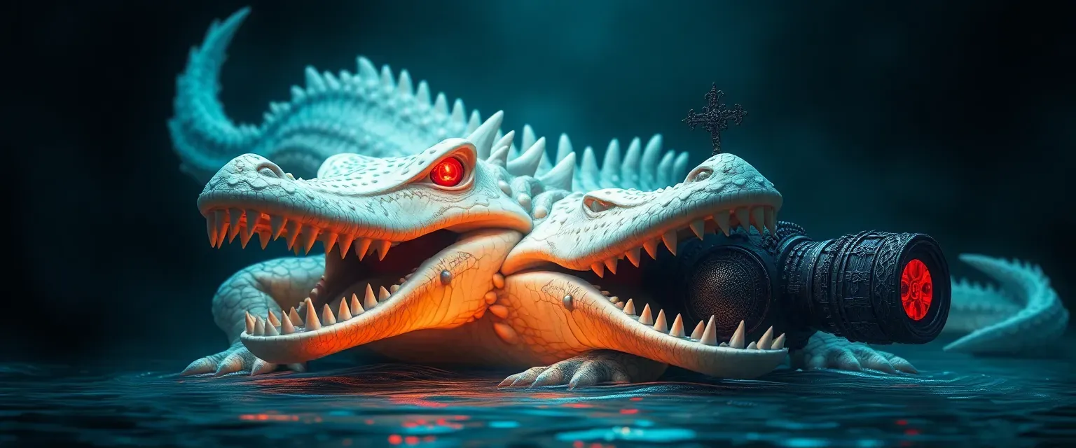 A majestic albino crocodile with godly powers and piercing red eyes embarks on a quest to uncover the origins of a mysterious artifact.