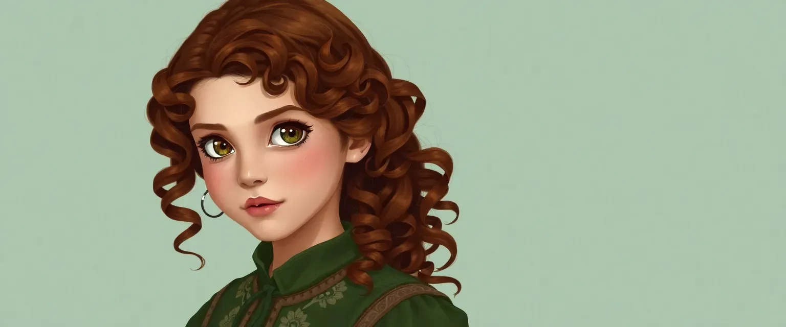 15-year-old girl with chestnut curls, hazel eyes, wearing green and brown with floral embroidery.