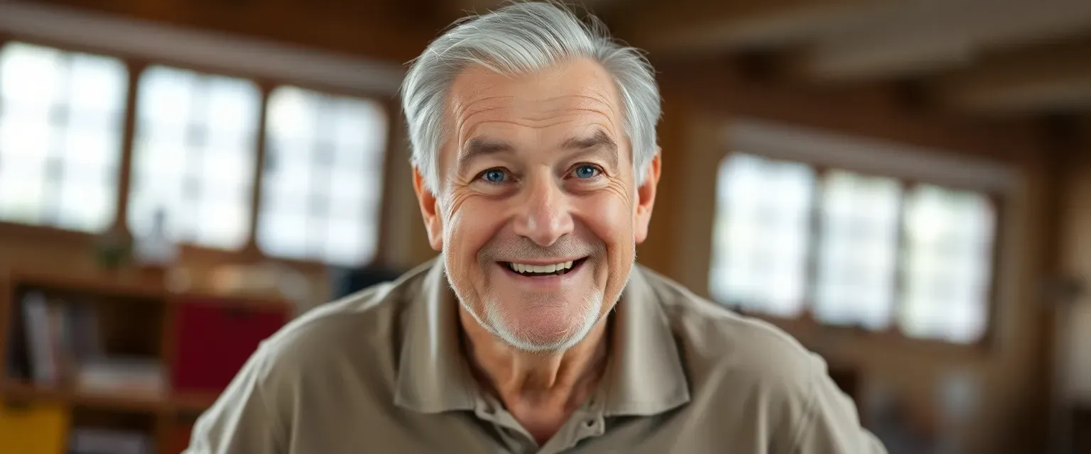 Cheerful elderly man, round face, silver-grey hair, blue eyes, wearing polo shirt and beige trousers.