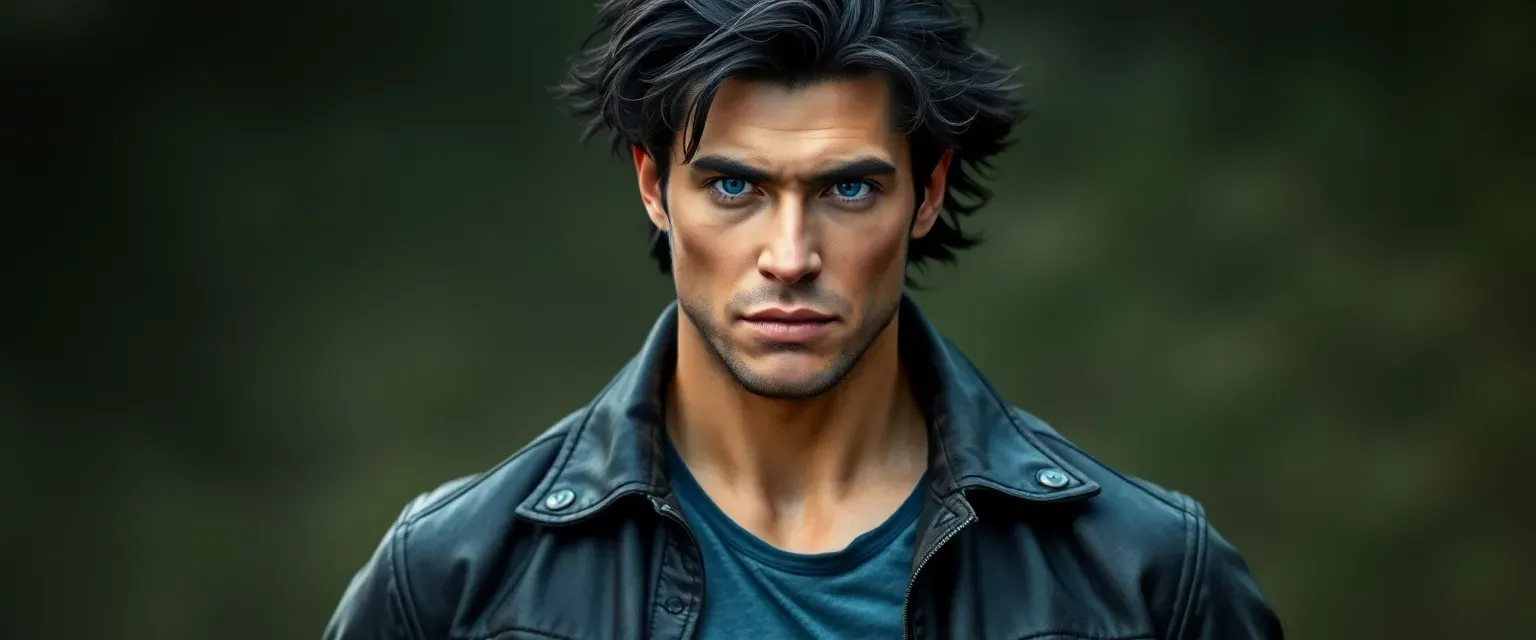 A muscular man in his mid-20s with dark, messy hair and blue eyes, wearing a worn leather jacket and jeans.