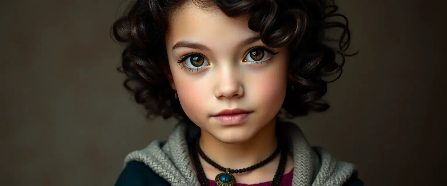 Thirteen-year-old girl with dark curly hair and hazel eyes, wearing modern clothes with mystical trinkets.