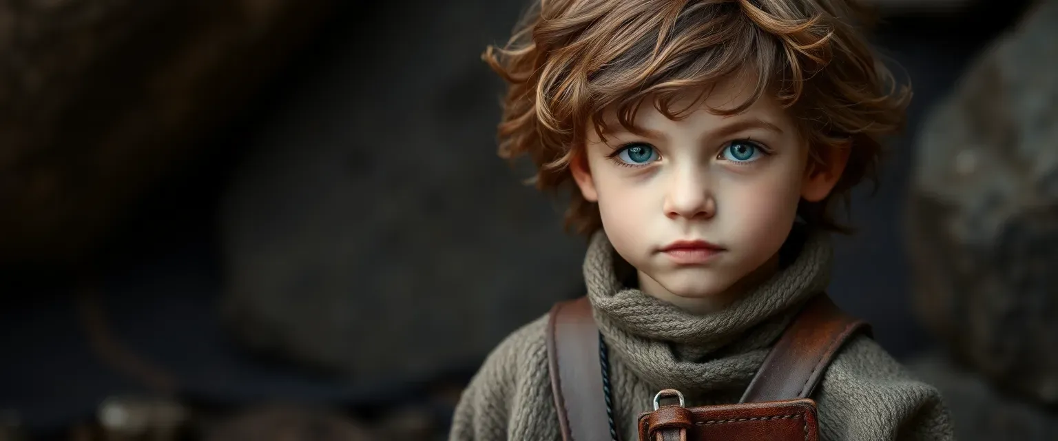 A 10-year-old boy with wild chestnut curls, wearing a mud-stained wool tunic and trousers, carrying a leather pouch.