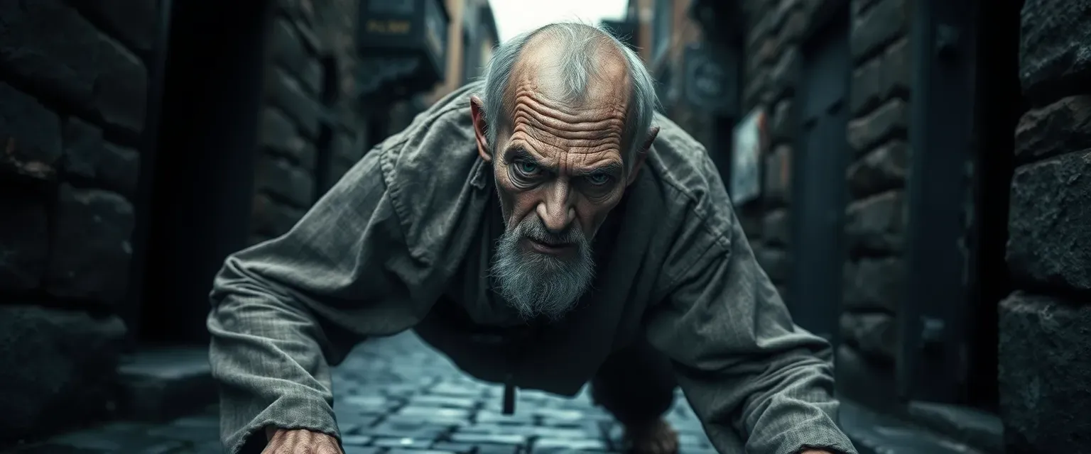 Old man with clouded eyes, in tattered robes, crawling on cobblestone streets.
