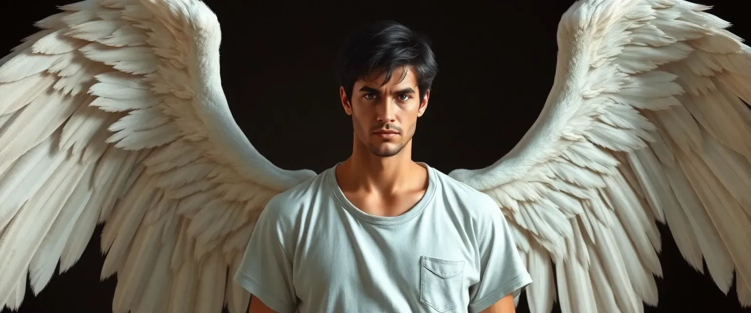 Oldest An male archangel with dark short hair, casual clothing, and four sets of beautiful white wings, three on each side.
