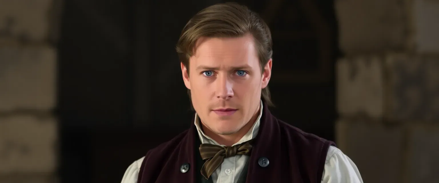 George Bashington: medium stature, robust build, chestnut brown hair tied back in queue; prefers simple clothing like breeches and waistcoat; piercing blue eyes.