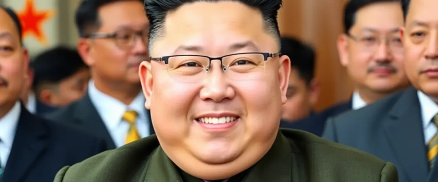 39-year-old Kim Jong-un, stocky, in olive green Mao suit, undercut hairstyle, smirking, sharp eyes.