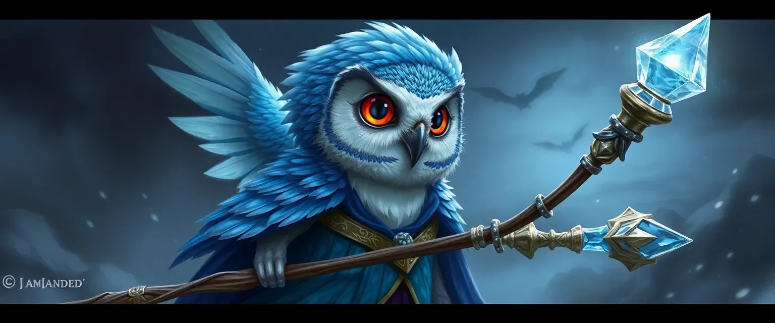 Young owl girl with blue and silver feathers, wearing enchanted robes and carrying a crystal-topped staff.