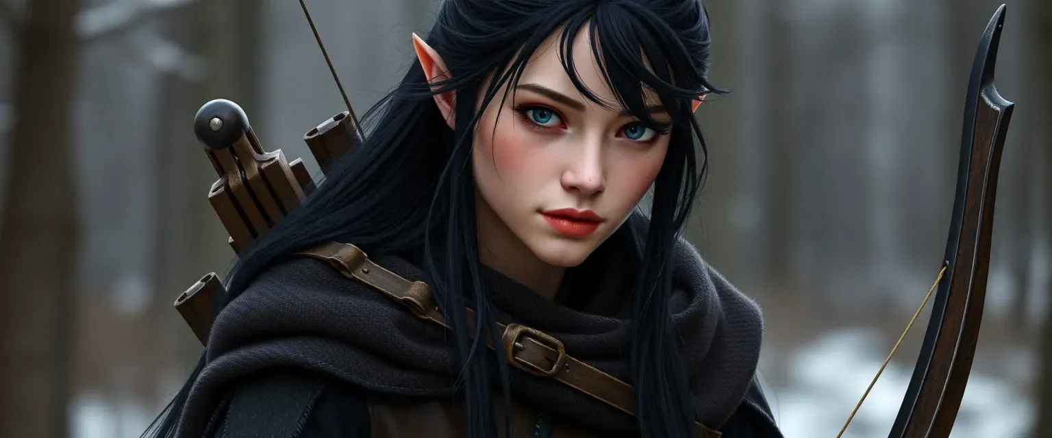 26-year-old Wood Elf with long black hair and pale skin, wearing a leather tunic and cloak, carrying a bow.