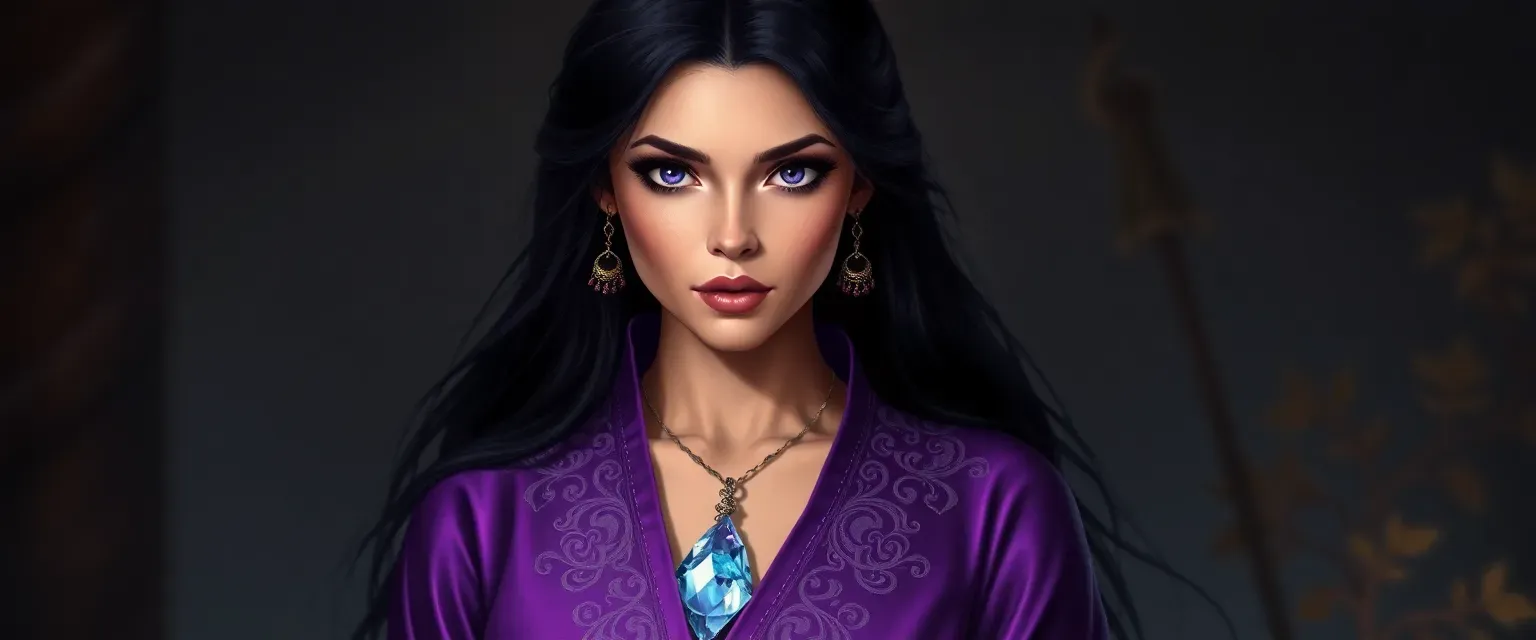 32-year-old woman with long raven-black hair and amethyst eyes, wearing a violet silk robe with intricate embroidery, and a glowing crystal pendant.