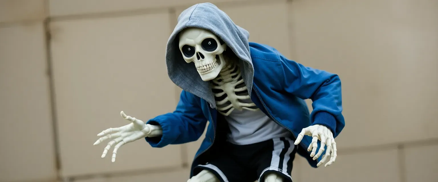 5'4" skeleton in blue jacket, grey hood, white shirt, black shorts with white stripe, pink slippers, white gloves, empty eye sockets with white pinpricks.