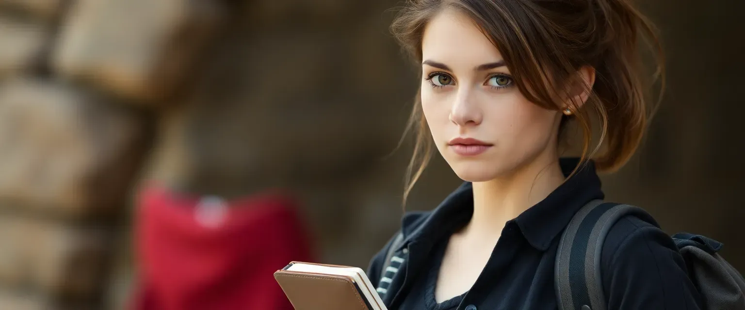 28-year-old woman with mousy brown hair, wearing dark, practical clothing, carrying a small notebook.