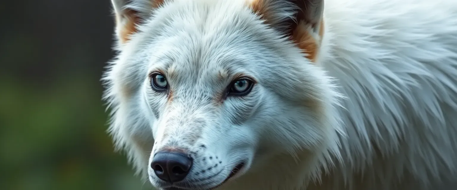 Female white wolf with storm gray eyes, embodying a lone-wolf spirit at two years old.