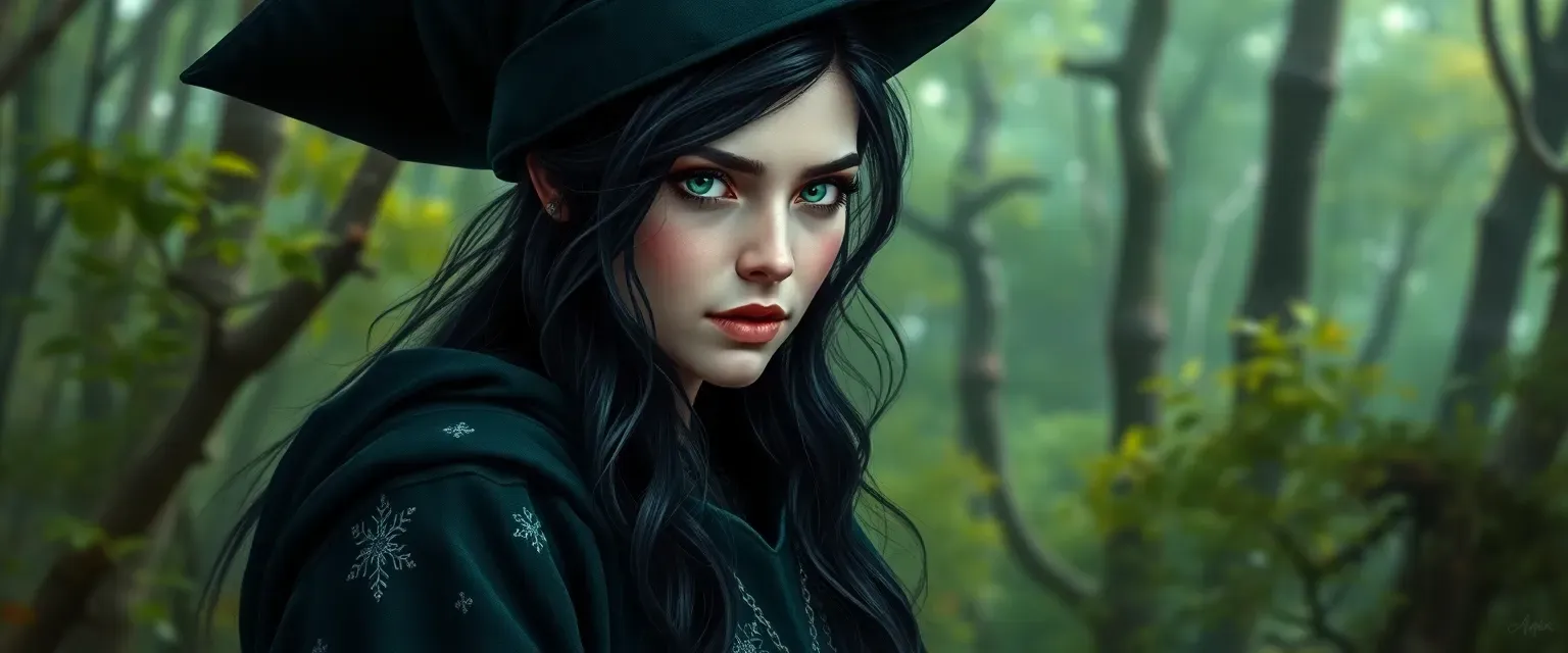 32-year-old witch with raven-black hair and emerald eyes, wearing a dark green robe with silver embroidery, surrounded by a mystical forest.