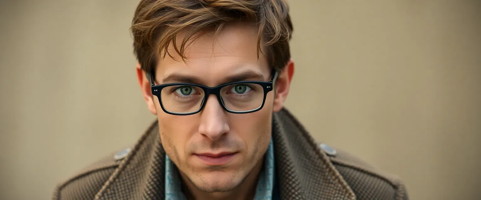 35-year-old man with mousy brown hair, piercing green eyes, wearing a worn tweed jacket and glasses.